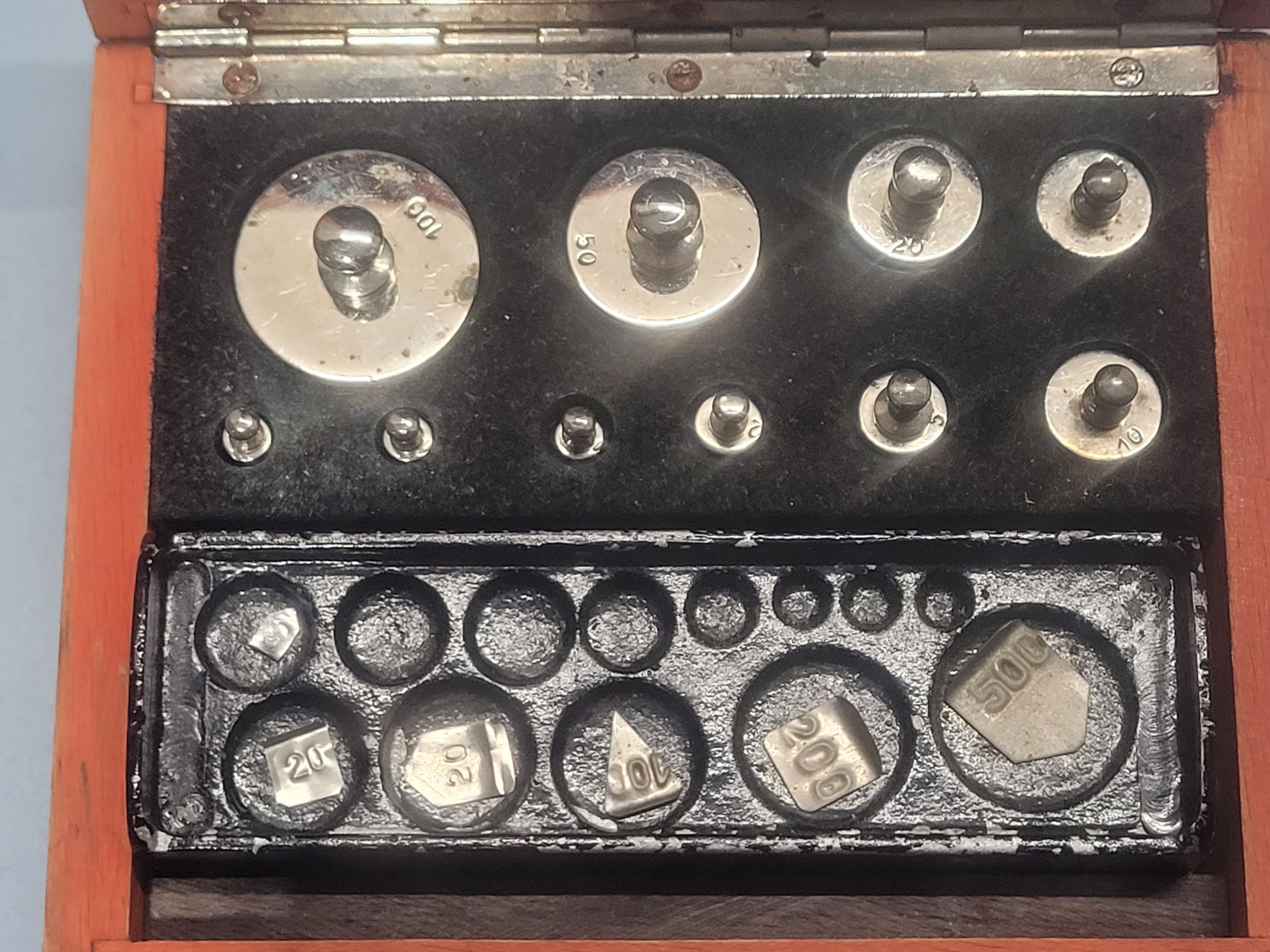 Set of 16 antique / vintage laboratory calibration weights 5mg to 100g